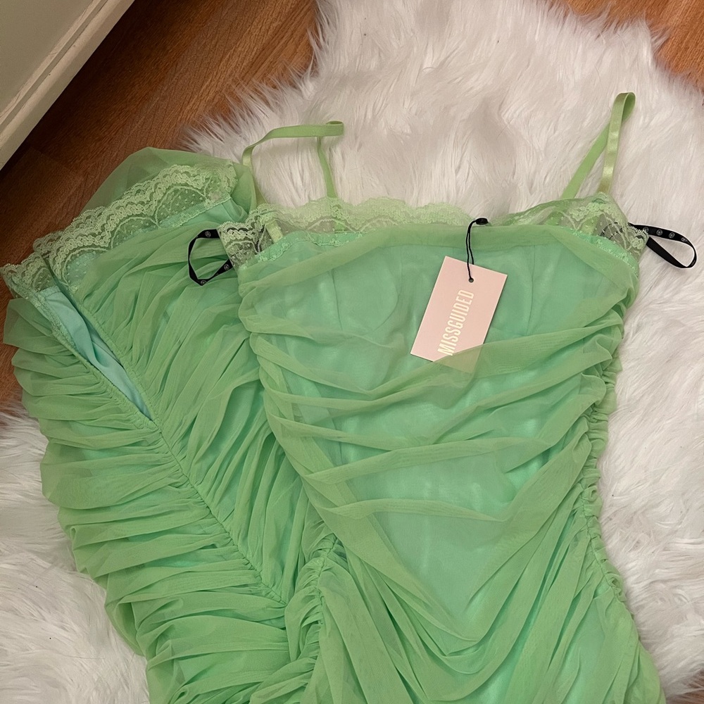 Missguided Mesh Overlay Green Dress